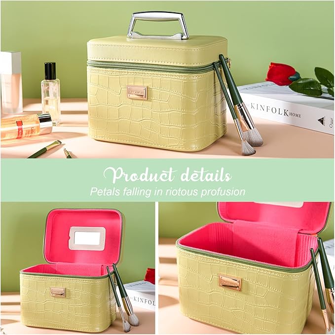 Portable leather hard cosmetic case with mirror, Green cosmetic box organizer,Professional train case make up box for women adults.