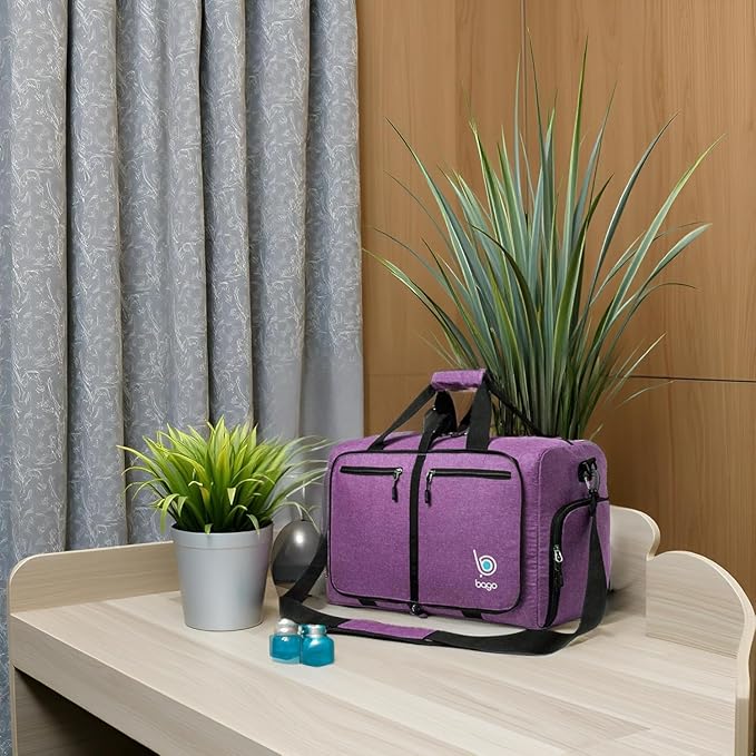 Bago Foldable Duffel Bags for Traveling Women & Men - 40L Sports Packable Duffle Bag for Travel with Shoe Compartment - Water Repellant, Heavy Duty, Lightweight Folding & Collapsible (SnowDepPurple)