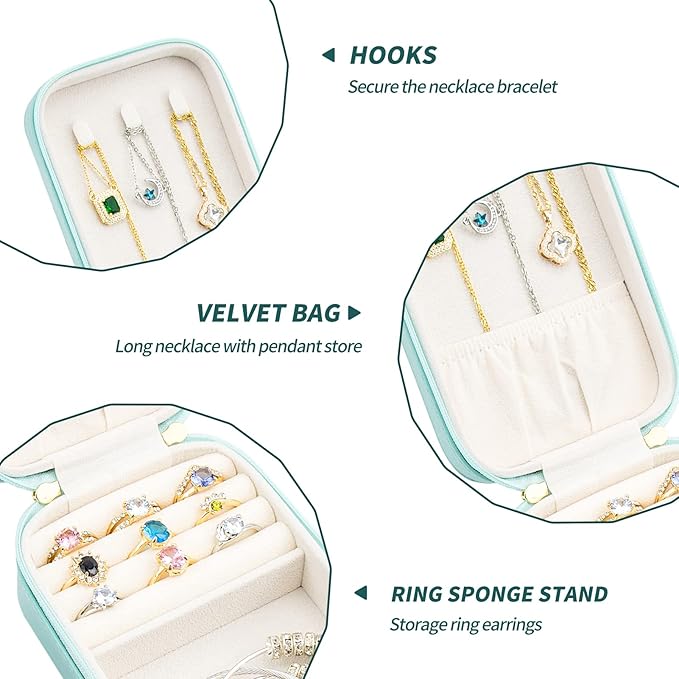 Small Travel Jewelry Organizers Box for women with PU Leather Portable Mini Jewelry Case with compartments for Necklace Rings Earrings,Luxury Giftable boxes. (Lake Blue, M)