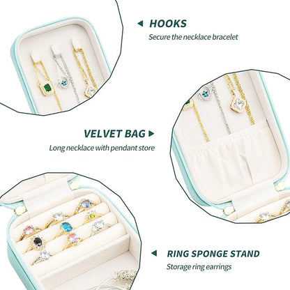 Small Travel Jewelry Organizers Box for women with PU Leather Portable Mini Jewelry Case with compartments for Necklace Rings Earrings,Luxury Giftable boxes. (Lake Blue, M)