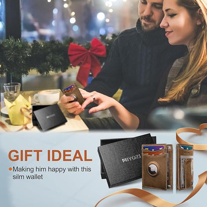 Airtag Wallet for Men- with Money Clip Gift Boxed, Magnetic Closure Slim Genuine Leather Front Pocket Wallet, 4.1"x 2.8", RFID Blocking
