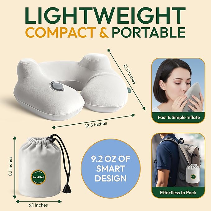 Adjustable Memory Foam Sides Inflatable Travel Neck Pillow | Super Soft, Compact & Portable Neck Support Pillow (Light Gray, Standard)