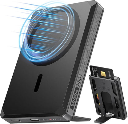 VEGER Portable Charger, Magnetic Power Bank with Phone Stand, Card Slot RFID Blocking, Global Tracking, 20W USB-C Fast Charging Powerbank, 15W Wireless Battery Pack for iPhone17/16/15/14/13/12 Black