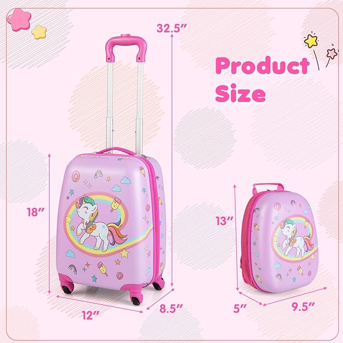 BABY JOY 2 Pcs Kids Luggage Set, 16" Carry-on Luggage Trolley Case & 12" Backpack w/Rolling Wheels, Retractable Handle, Lightweight Airline-approved Design, Kids Suitcase for Girls Boys (White Pony)