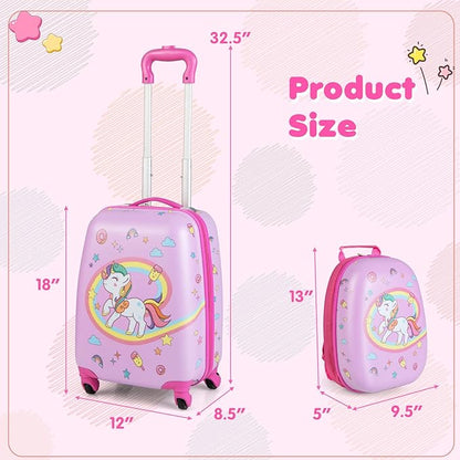 BABY JOY 2 Pcs Kids Luggage Set, 16" Carry-on Luggage Trolley Case & 12" Backpack w/Rolling Wheels, Retractable Handle, Lightweight Airline-approved Design, Kids Suitcase for Girls Boys (White Pony)