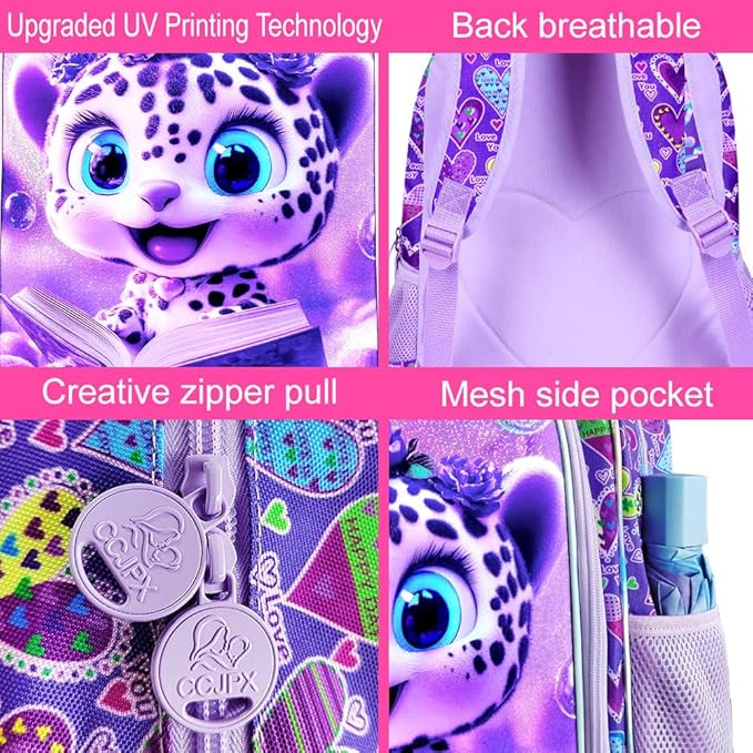 WZLVO 3PCS Kids Leopard Bookbag for Girls, 16" Glittery UV Printing Girls Backpack/School Bag with Lunch Box & Pencil Bag for Preschool to Elementary - Reading Leopard Purple