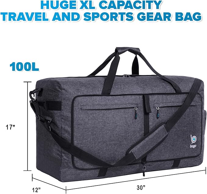 Bago Large Foldable Duffel Bags for Traveling Women & Men - 100L Packable Duffle Bag for Travel with Shoe Compartment - Water Repellant, Heavy Duty, Lightweight Folding & Collapsible (SnowBlack)