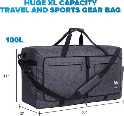 Bago Large Foldable Duffel Bags for Traveling Women & Men - 100L Packable Duffle Bag for Travel with Shoe Compartment - Water Repellant, Heavy Duty, Lightweight Folding & Collapsible (SnowBlack)