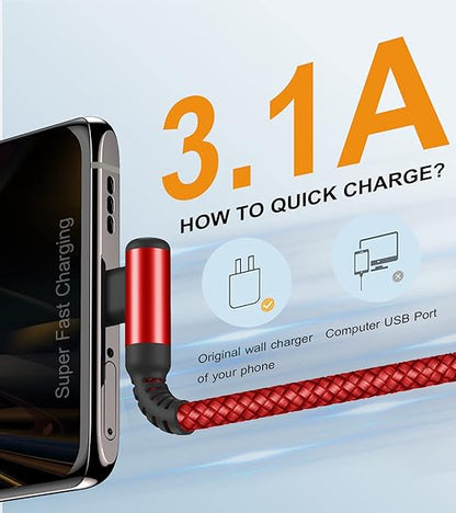sweguard USB Type C Charger Cable Right Angle [2-Pack,6.6FT] 3.1A Nylon Braided Cord for iPhone 17 16 15 Pro Max Plus iPhone Air Samsung Galaxy S25 S24 S23 S22 S21 S20 Note 20 A15 Flip Pixel LG Moto