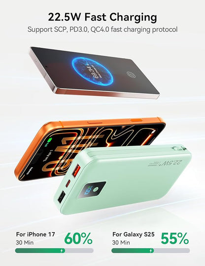 Portable Charger, 12000mAh 22.5W Fast Charging Power Bank with Built-in Cables & Wall Plug, Travel Essentials Battery Pack with LED Display, USB C External Battery Bank for iPhone iPad, Samsung Green