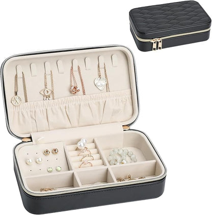 Women's Compact Jewelry Organizer PU Leather Travel Case with Secure Zipper and Soft Interior Perfect for Gifts or Personal Use Black