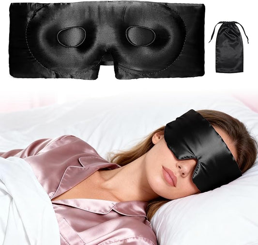 VOCOSTE 22 Momme Pure Silk Sleep Mask with Travel Pouch, 3D Contour Adjustable Blindfold for Side Sleepers, Eyelash Protecting for Natural Lashes & Extensions, Black