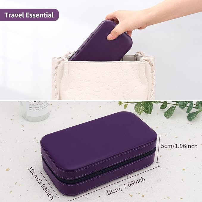 DesignSter Travel Jewelry Box, PU Leather Portable Jewelry Case, Small Jewelry Boxes for Gifts, Travel Jewelry Organizer for Women Rings Earrings Necklaces Bracelets (Dark Purple)