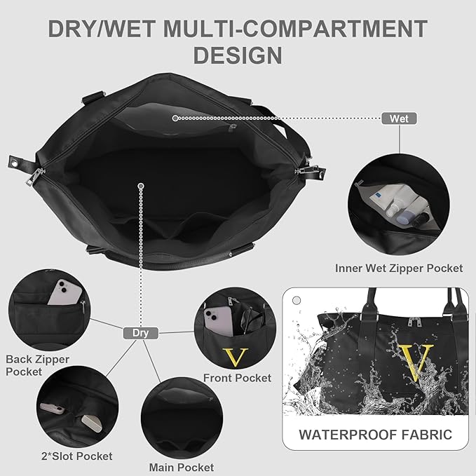 Personalized Initial Gym Dance Bag, Travel Duffel Bag for Teen Girls, Carry On Bag Overnight Weekender Bag with Trolley Sleeve, Birthday Gifts for Women Mom Daughter Graduation Gift(Letter V, Black)