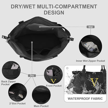 Personalized Initial Gym Dance Bag, Travel Duffel Bag for Teen Girls, Carry On Bag Overnight Weekender Bag with Trolley Sleeve, Birthday Gifts for Women Mom Daughter Graduation Gift(Letter V, Black)