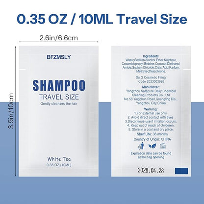 50 Sets Travel Size Toiletry Sets, Shampoo & Body Wash (0.35oz Each, 2-in-1 Toiletries Kit, White Tea Scent) – Individually Wrapped Hotel Amenity Packs for Guests, Airbnb, Vacation Rentals
