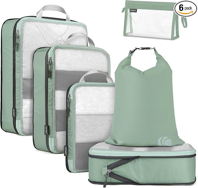 Cipway Compression Packing Cubes, See Through Mesh Luggage Organizer Bags, Travel Essentials for Carry on Suitcase with Laundry Bag and Clear Toiletries Bag（6 Pcs,Sage Green）
