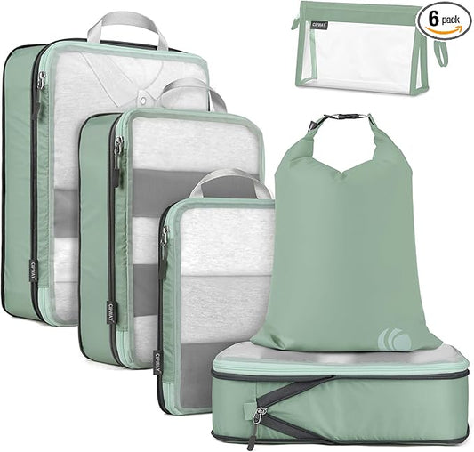 Cipway Compression Packing Cubes, See Through Mesh Luggage Organizer Bags, Travel Essentials for Carry on Suitcase with Laundry Bag and Clear Toiletries Bag（6 Pcs,Sage Green）