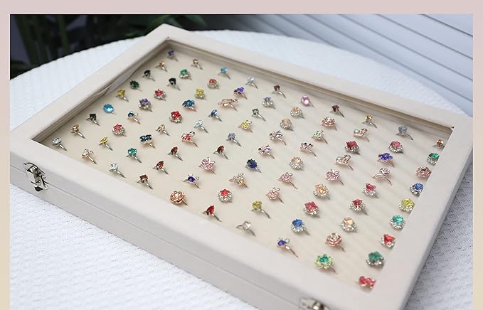 Stratalife Jewelry Organizer Ring Storage Display Tray with Clear Glass Lid Velvet Jewelry Showcase Ring Box for Multiple Rings Drawer Display 100 Slot (Beige)