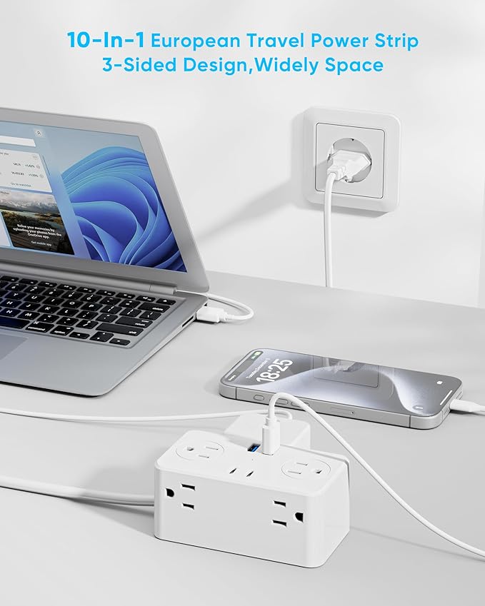 European Travel Plug Adapter, EU/UK/US Travel Adapter Power Strip, 6 AC Outlets, 65W USB C Power Delivery, 3ft Wrapped Around Extension Cord, Compact for Travel