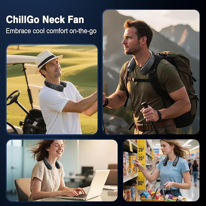 ChillGo Portable Neck Fan - 8400 RPM Enlarged Turbo Airflow - 5200mAh Personal Rechargeable Cooling Wearable Fan - Max 16H, 4 Speeds, Foldable, LED Display - Great Gifts for Men Women - 2nd Gen Black