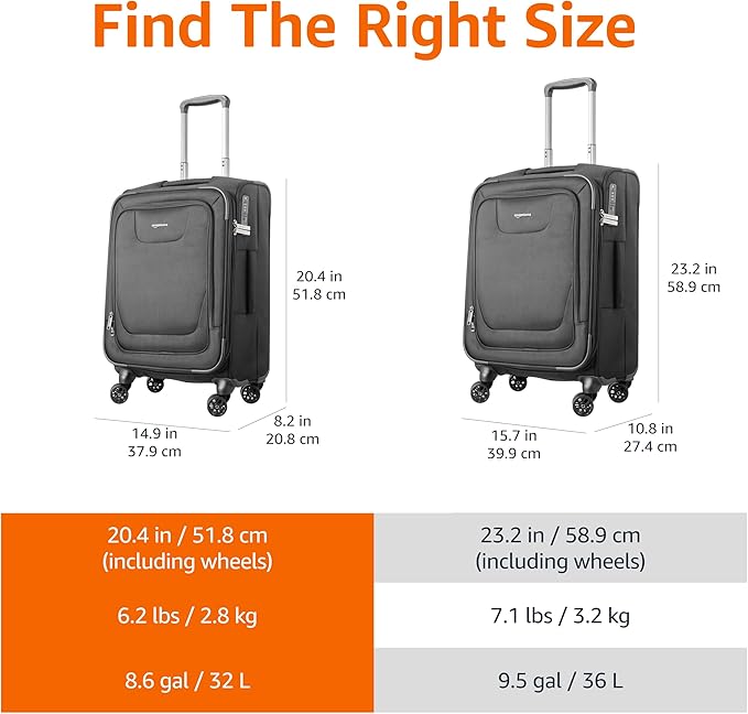 Amazon Basics 17" Carry On Luggage, Softside Suitcase With TSA Lock, 8 Spinner Wheels, Front Exterior Pocket, 3 Interior Pockets For Dry and Damp Clothes/Towels Separately, Black