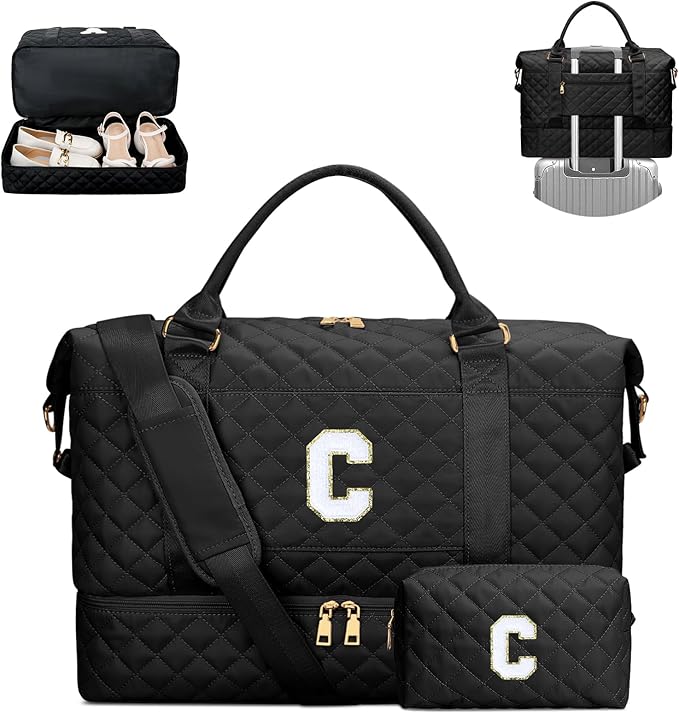 Gifts for Women Girls Initial Travel Duffle Bag Quilted Weekender Carry-On Overnight with Cosmetic Bag, Gym Bag, Black C