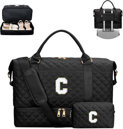 Gifts for Women Girls Initial Travel Duffle Bag Quilted Weekender Carry-On Overnight with Cosmetic Bag, Gym Bag, Black C