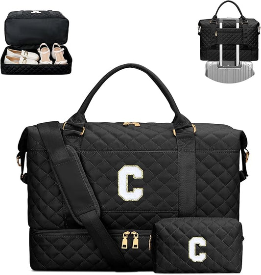 Gifts for Women Girls Initial Travel Duffle Bag Quilted Weekender Carry-On Overnight with Cosmetic Bag, Gym Bag, Black C