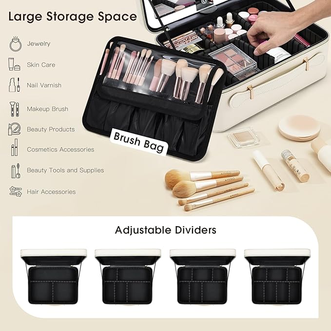 Leather Makeup Case with LED Lighted Mirror 11.4 Inch Travel Makeup Bag Adjustable Brightness in 3 Colors Cosmetic Organizer Artist Storage Bag with Dividers Brush Holder Bag Vanity White