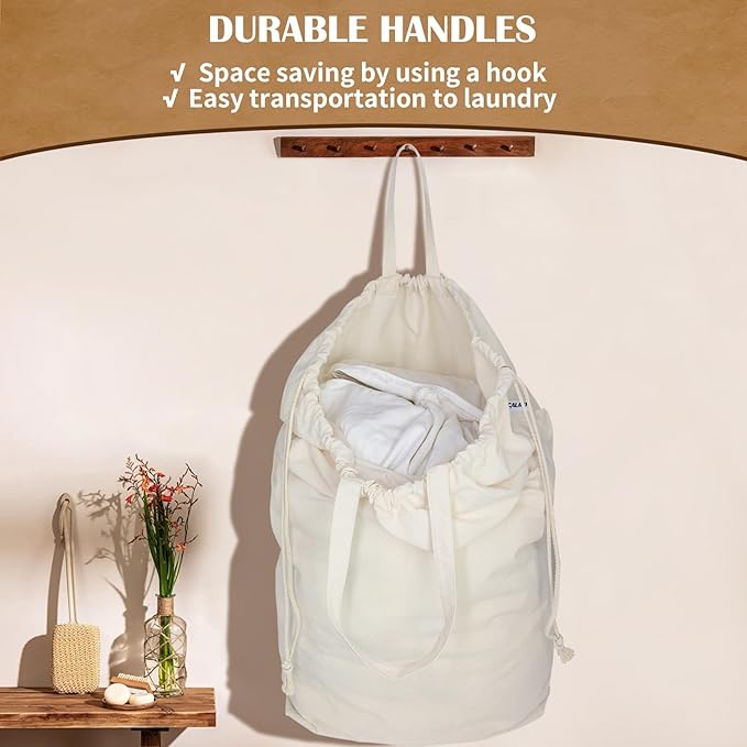 Canvas Laundry Bags with Handles & Square Base13.8"x 13.8", Large Heavy Duty Laundry Hamper Bag, College Dorm Washable Drawstring Cotton Dirty Clothes Sack (Beige,2 Pack)