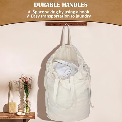 Canvas Laundry Bags with Handles & Square Base13.8"x 13.8", Large Heavy Duty Laundry Hamper Bag, College Dorm Washable Drawstring Cotton Dirty Clothes Sack (Beige,2 Pack)