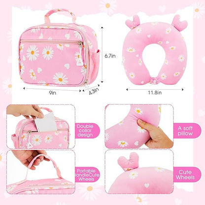 Redbaker 6 Pcs Kids Luggage Set 17 Inch Kids Rolling Luggage Double Pattern Suitcase for Girls Boys School Gift(Light Pink,Leopard Print Style)