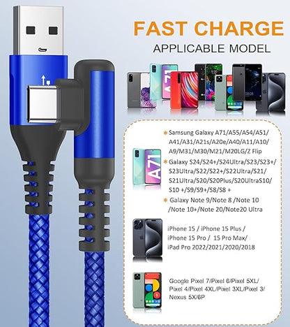 sweguard USB C Cable Right Angle [3Pack, 10FT+6.6FT+3.3FT], 3.1A Fast Charger Cable Nylon Braided Cord for iPhone 17 16 15 Pro Max Plus iPhone Air, Samsung Galaxy S25 S24 S23 S22 S21 Note 20 10,Moto