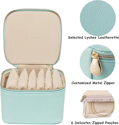 Vlando Travel Jewelry Box Organizer - 6 Small Velvet Zipped Pouches Pockets for Jewelries Necklaces Rings Earrings Sorting Storage, Aqua Blue