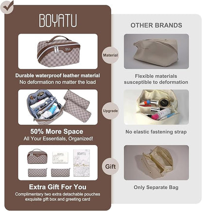 BOYATU Travel Makeup Bag Cosmetic Bags for Women: Large Make up Bags Set of 3 - Portable Makeup Organizer with Compartments&Handle&Divider - Waterproof PU Leather Toiletry Bag(C-1-Light Brown)