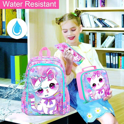 WZLVO 3PCS Cat Backpack for Girls, 16'' Kids Preschool Bookbag with Lunch Box, Cute Animal Water Resistant School Bag for Elementary Kindergarten Toddler