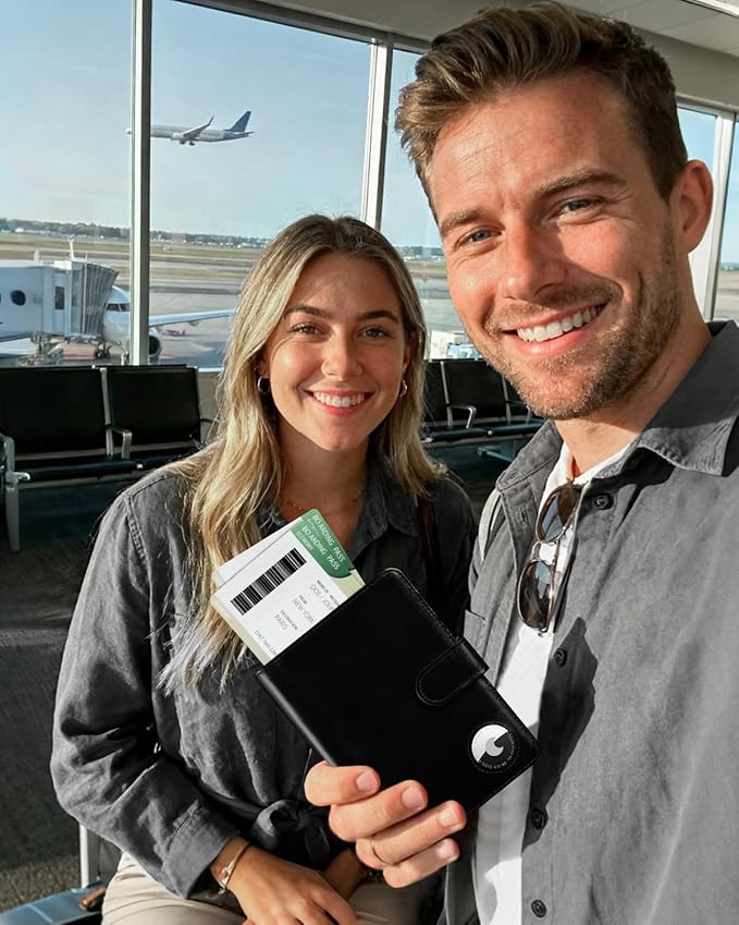 LORZOR Passport Holder for Travel: Full Grain Leather Passport Cover with Airtag Holder Magnetic Buckle for Men - RFID Blocking Bifold Wallet for Air Ticket Card Cash Coin (Black)