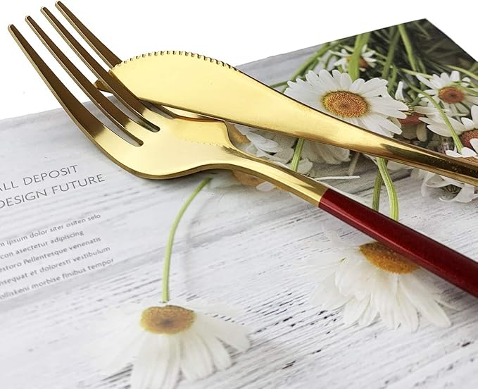 Red Gold Silverware Set, JASHII 30-Piece Stainless Steel Satin Finish Flatware Set, Kitchen Utensil Set, Mirror Polished Tableware Cutlery Set for Home and Restaurant, Dishwasher Safe