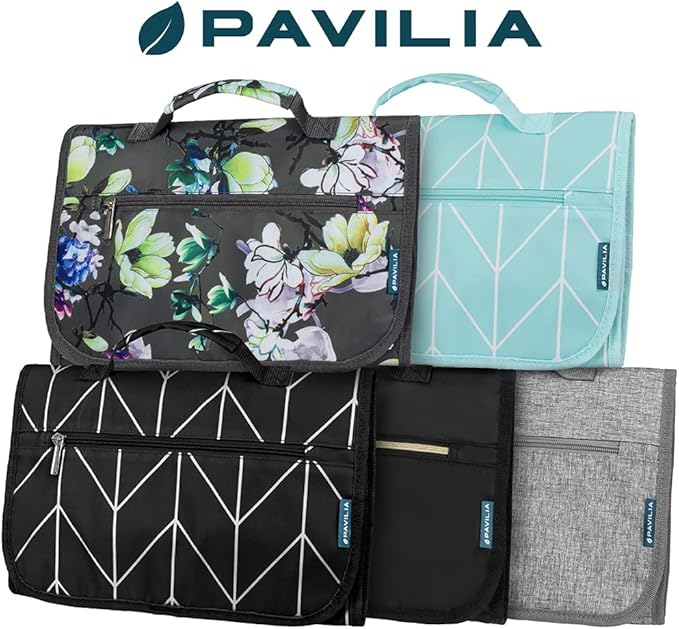 PAVILIA Hanging Toiletry Bag Women Men, Travel Kit Foldable Large Toiletries Organizer, Roll up Cosmetics Makeup Bag Accessories, Waterproof Essentials Jewelry Case (Teal Chevron)