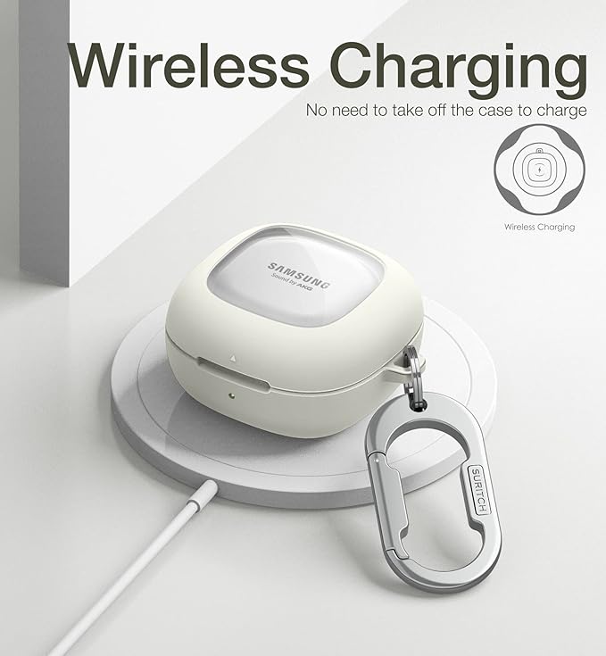 SURITCH for Samsung Galaxy Buds 2 Pro Case(2022)/Galaxy Buds 2 Case(2021)/Galaxy Buds Live Case(2020)/Galaxy Buds Pro Case(2021) Hard Clear PC Shockproof TPU White Cover with Silver Carabiner