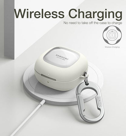 SURITCH for Samsung Galaxy Buds 2 Pro Case(2022)/Galaxy Buds 2 Case(2021)/Galaxy Buds Live Case(2020)/Galaxy Buds Pro Case(2021) Hard Clear PC Shockproof TPU White Cover with Silver Carabiner