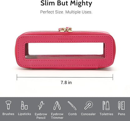 Aveniee Clear Makeup Brush Bag, Slim Brush Holder Cosmetic Case, Small Travel Toiletry Bag for Women, Thin Make up Bags with Dual Zipper, Cute Travel Essentials Srorage Bag,Hotpink