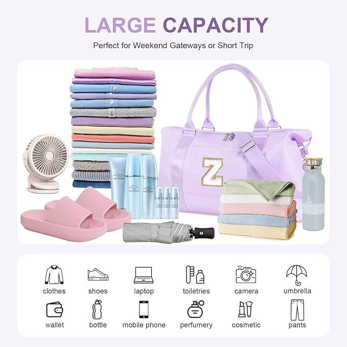 Dance Gym Duffel Bag for Teen Girls, Personalized Initial Travel Weekender Bag,Cute Overnight Carry On Duffle for Women,Sports Travel Cheer Bag,Monogram Christmas Gifts for Tween Preppy(purple-Z)