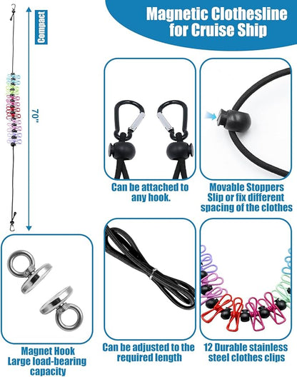 Magnetic Retractable Clothesline for Cruise Ship–12 Anti-Slip Clips & Waterproof Storage Bag, Portable Travel Laundry Line, Cruise Essentials for Cabin, Camping, RV