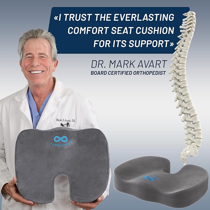 Everlasting Comfort Doctor Recommended Memory Foam Seat Cushion for Office Chairs & Car - Ergonomic Office Desk Accessories - Cushions for Tailbone Pain Relief, Sciatica & Back Support Pillow
