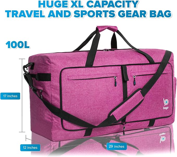 Bago Large Foldable Duffel Bags for Traveling Women & Men - 100L Packable Duffle Bag for Travel with Shoe Compartment - Water Repellant, Heavy Duty, Lightweight Folding & Collapsible (SnowPink)