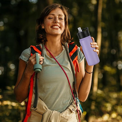 16 oz Insulated Water Bottle with Straw Lids, Stainless Steel Kids Water Bottles for School, Double Wall Vacuum Metal Water Bottle with Straw & Wide Mouth Lid, Lavender 1 Pack