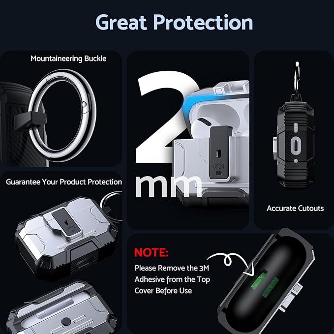 DASFOND Armor Earphone Cover Case for Airpods Pro 3, Military Grade Full Body Shockproof Protection Hard Case, Support Wireless Charging with Keychain, Magnetic Lid, Front LED Visible, Silver