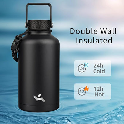 Half Gallon Insulated Water Bottle with Straw,64 oz 3 Lids Water Jug with Carrying Bag,Paracord Handle,Double Wall Vacuum Stainless Steel Metal Flask,Black